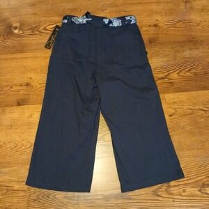 DG2 by Diane Gilman Cabana Knit Twill Wide-Leg Crop Pant 14 Navy Floral Tie Belt